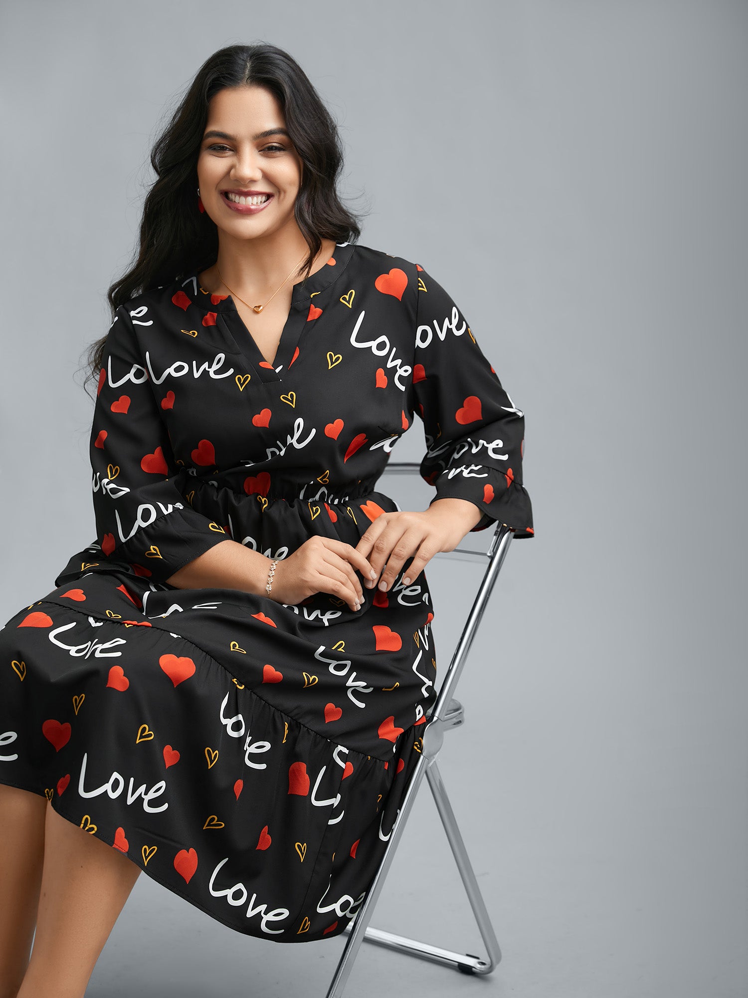 Notched Collar Heart Print Tiered Midi Dress