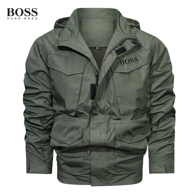 Boss Men-s Outdoor Waterproof Mid-Length Hooded Jacket