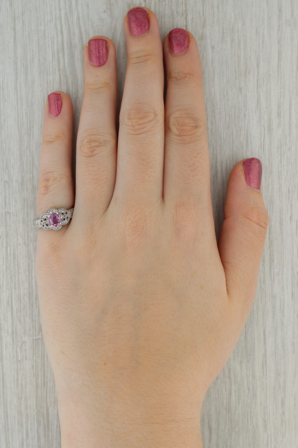 0.76ct Pink Sapphire Diamond Ring 10k White Gold Size 7 Wheat Etched Band