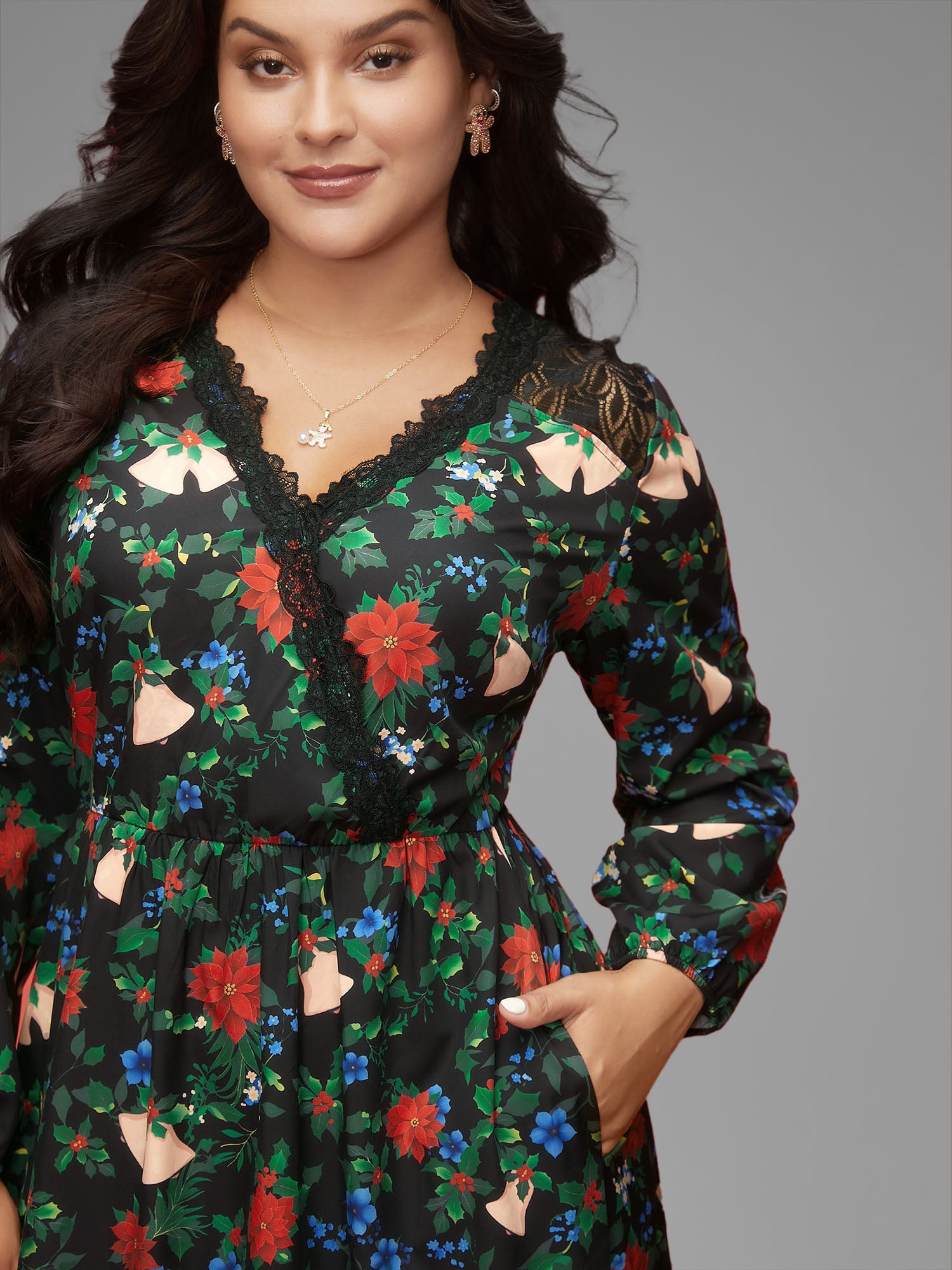 Floral Lace Surplice Neckline Midi Dress