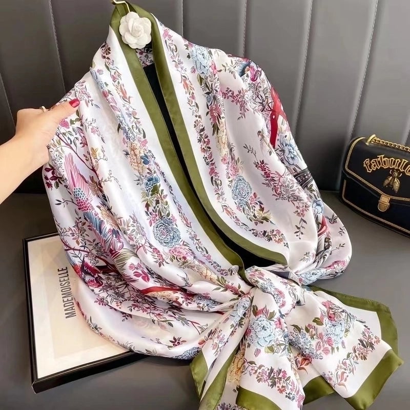 Women's Elegant Lady Flower Satin Printing Silk Scarf