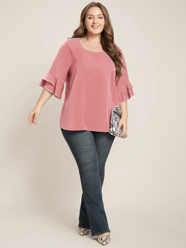 Plain Ruffle Tiered Round Neck Blouse