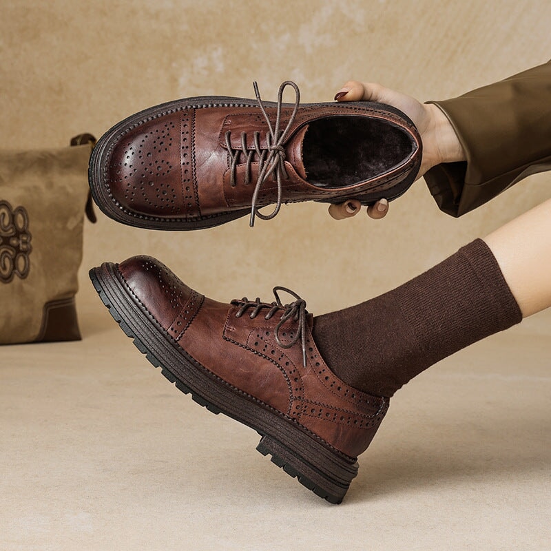 Vintage British Brogue Shoes - Round Toe Low-Heel Lace-Up Oxfords Black/Brown