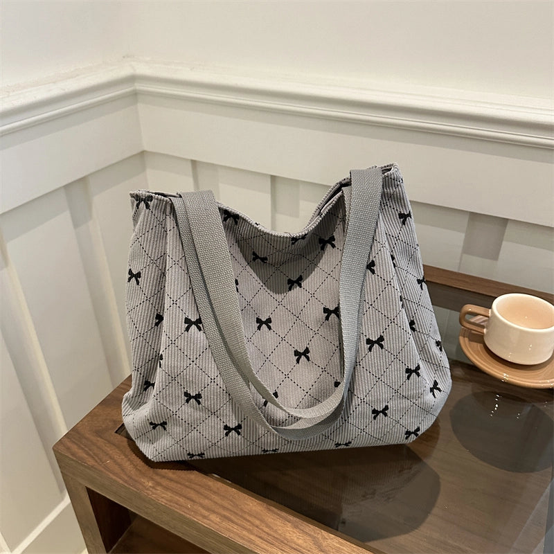 Women's Medium Canvas Bow Knot Classic Style Streetwear Square Zipper Shoulder Bag Tote Bag