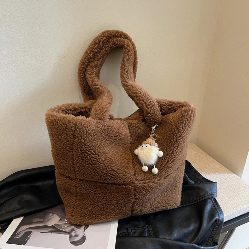 Women's Large Plush Solid Color Streetwear Bucket Magnetic Buckle Tote Bag