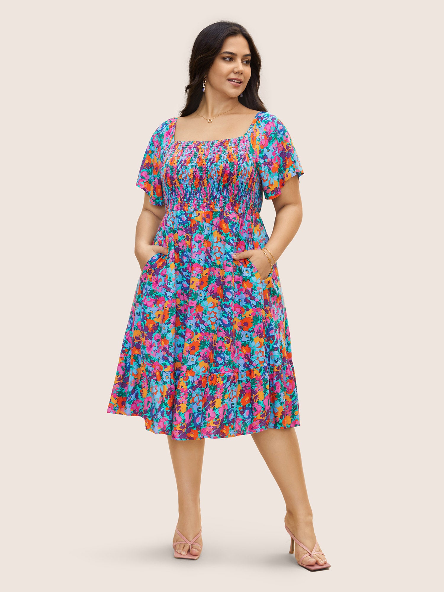 Colored Floral Elastic Waist Shirred Midi Dress