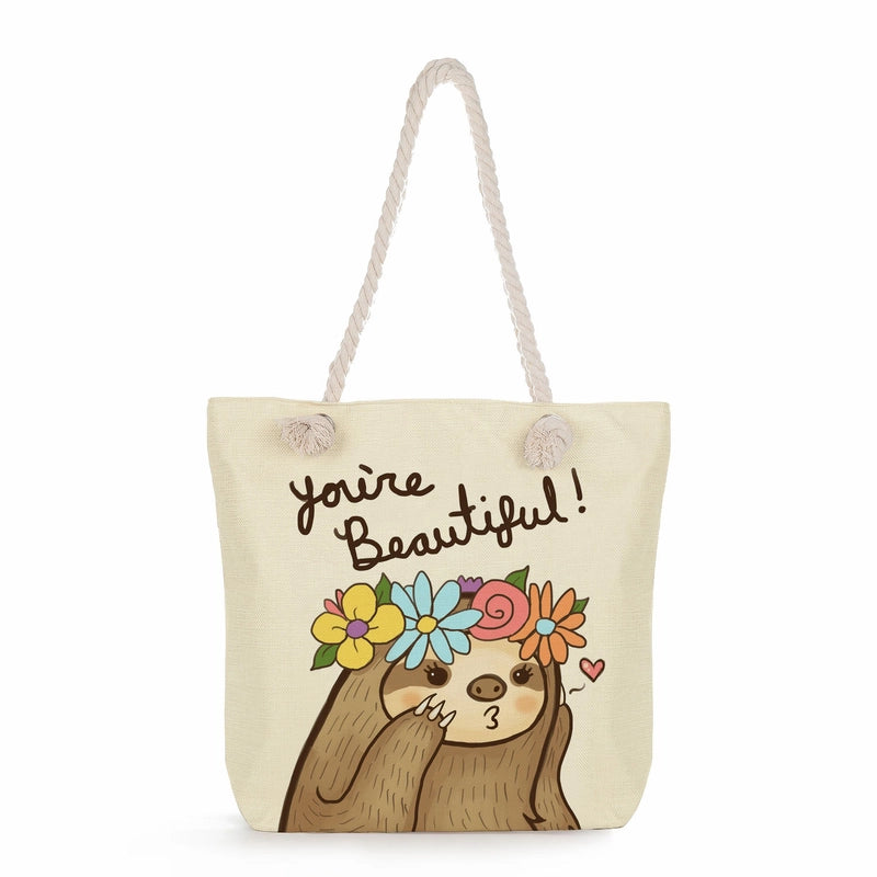 Women's Cotton And Linen Sloth Cute Square Zipper Tote Bag