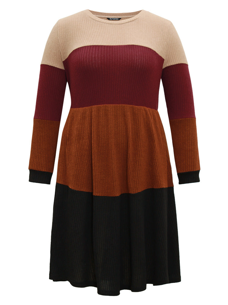 Colorblock Rib Knit Pocket Patchwork Dress