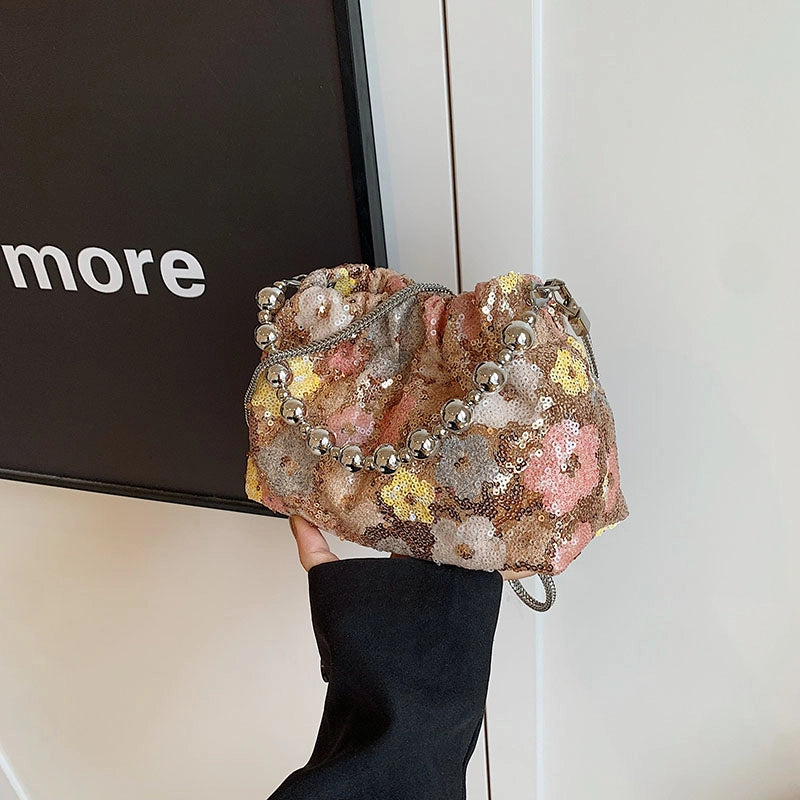 Women's Medium Pu Leather Flower Classic Style Sequins Bucket Magnetic Buckle Crossbody Bag