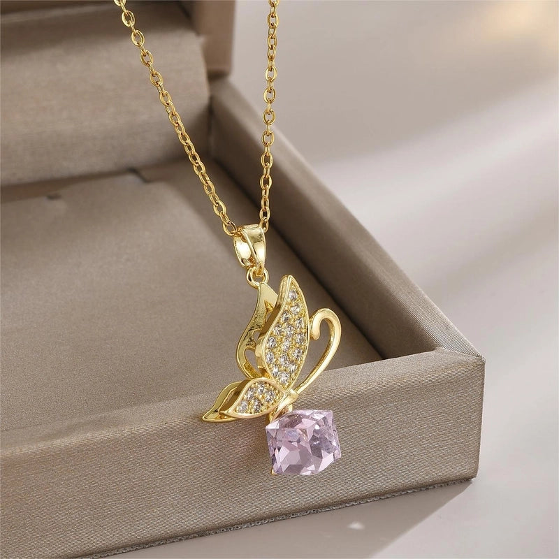 Elegant Minimalist Leaf Flower Bow Knot Titanium Steel Zircon Plating Pendant Necklace
