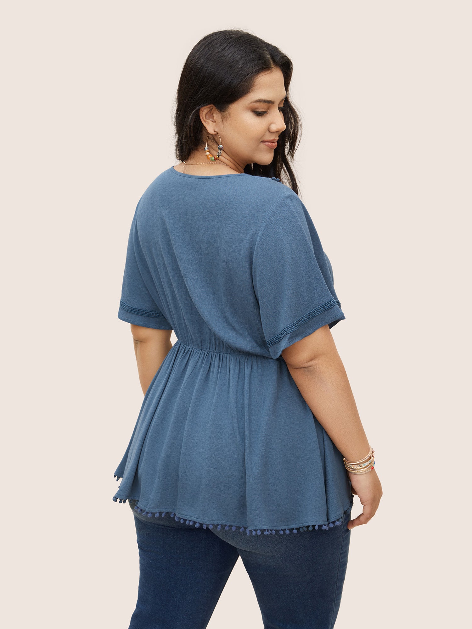 Rayon Plain Button Detail Pompom Trim Blouse