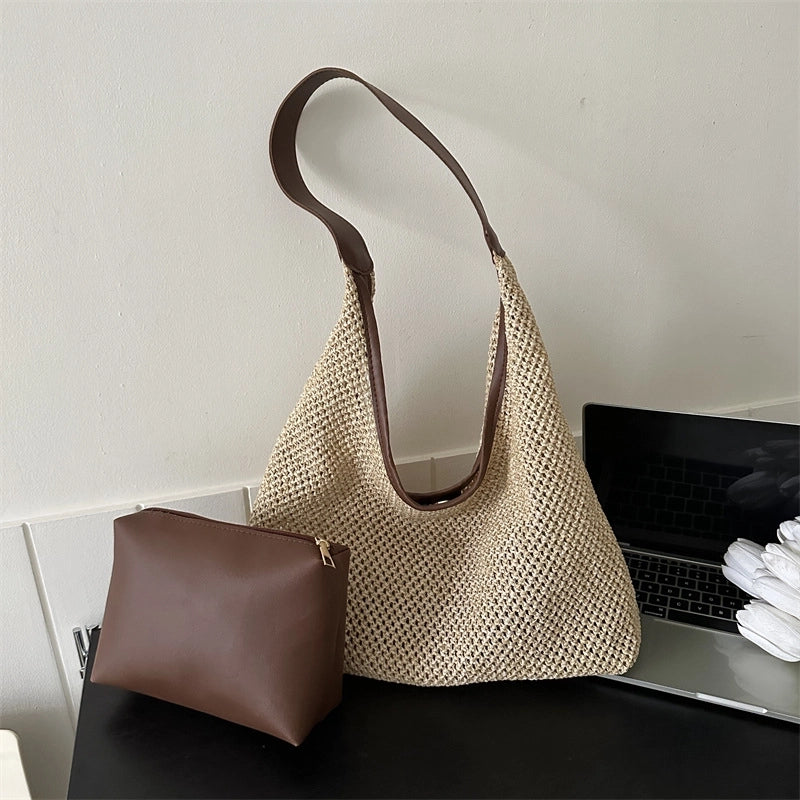 Women's Medium Pu Leather Straw Solid Color Vacation Beach Weave Square Magnetic Buckle Bag Sets Straw Bag