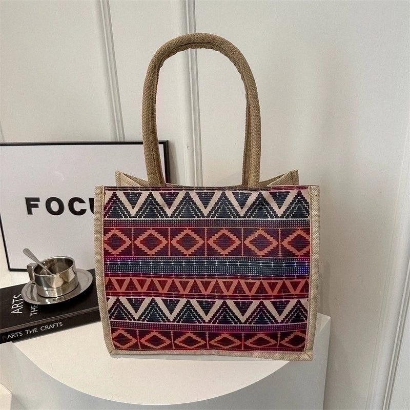 Women's Linen Color Block Classic Style Square Magnetic Buckle Shoulder Bag