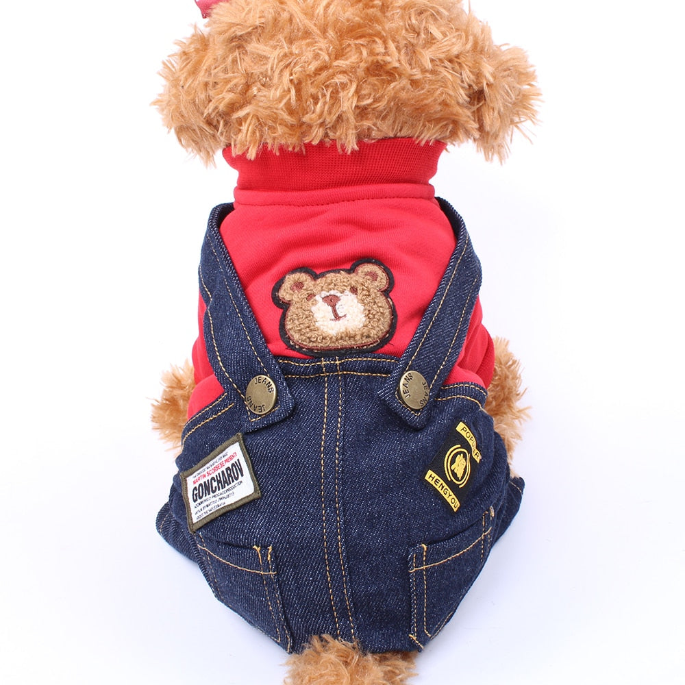 Bear Pattern Dog Cat Denim Jumpsuit