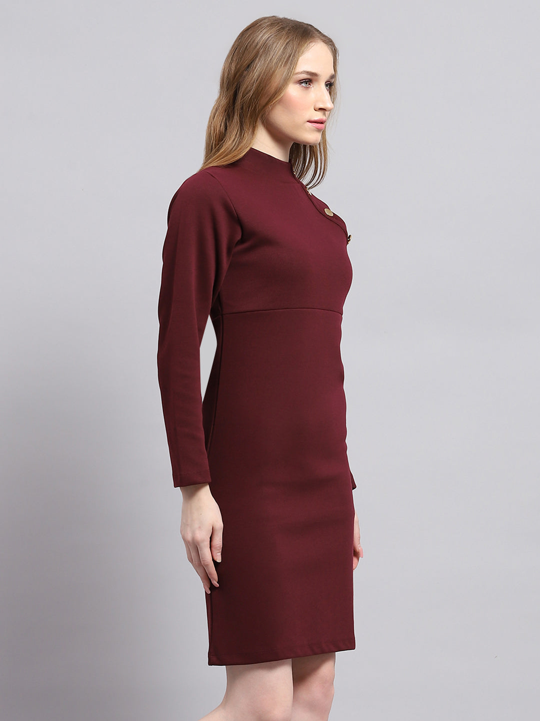 Women Maroon Solid Mock Neck Full Sleeve Dress