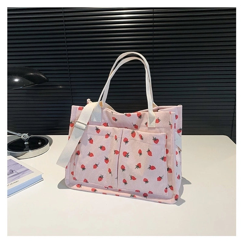 Women's Large Corduroy Solid Color Strawberry Basic Classic Style Square Zipper Tote Bag
