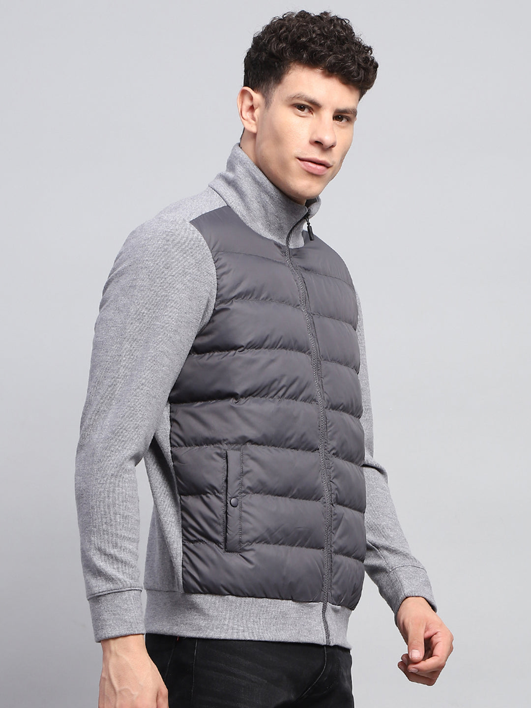 Men Grey Solid Collar Full Sleeve Jacket