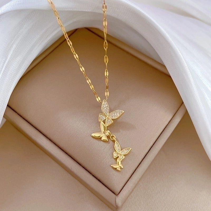 Minimalist Butterfly Titanium Steel Copper Plating Inlay Zircon Pendant Necklace