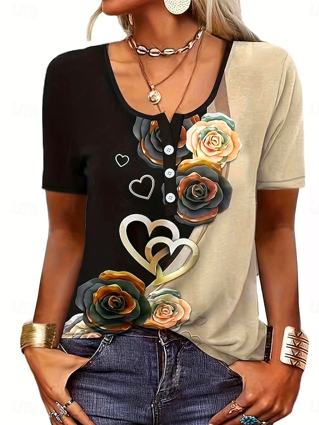 Women's T shirt Tee Ombre Floral Button Daily Casual Short Sleeve U Neck Rose Gold Summer