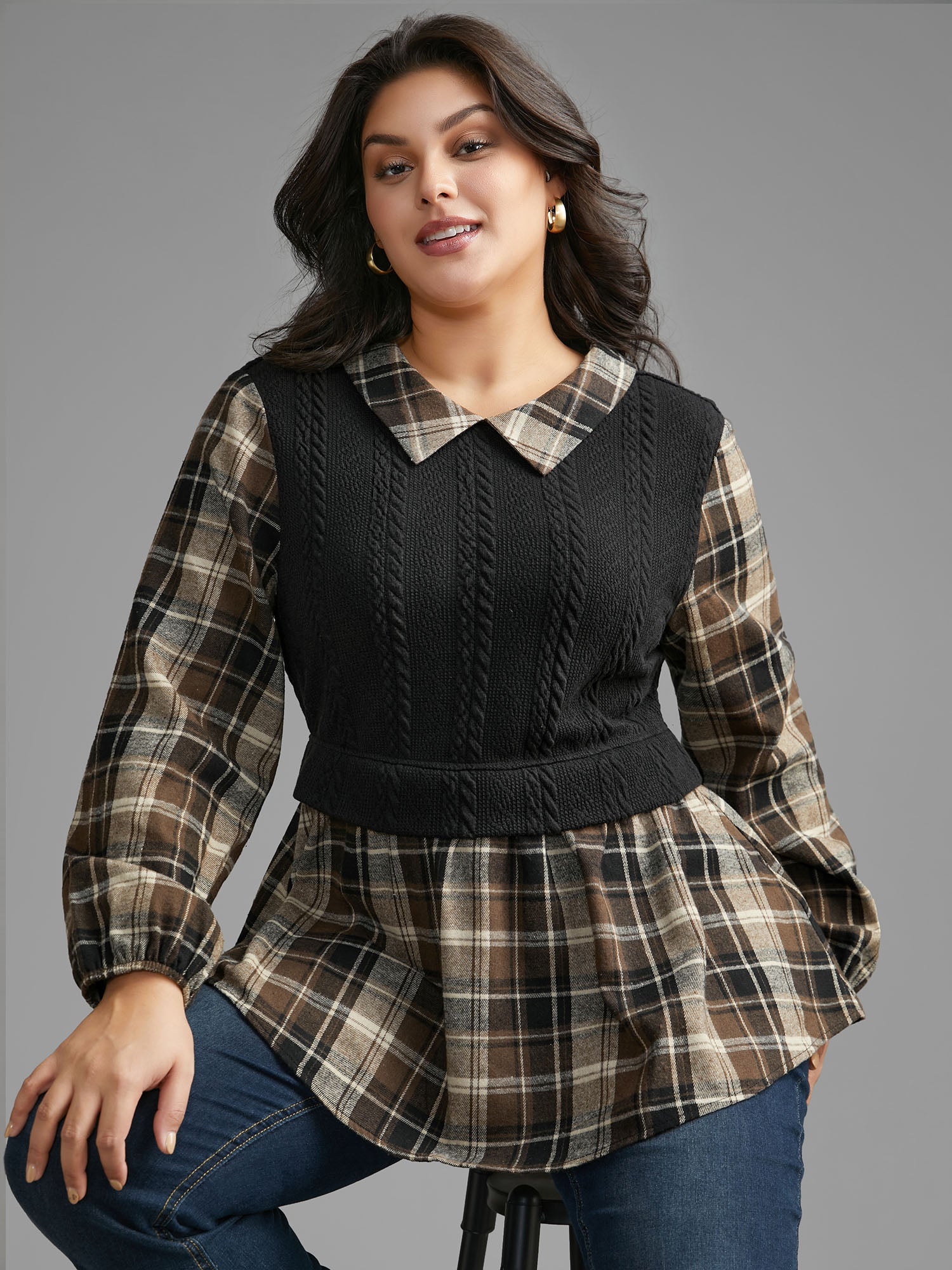 Plaid Patchwork Texture Lantern Sleeve Blouse