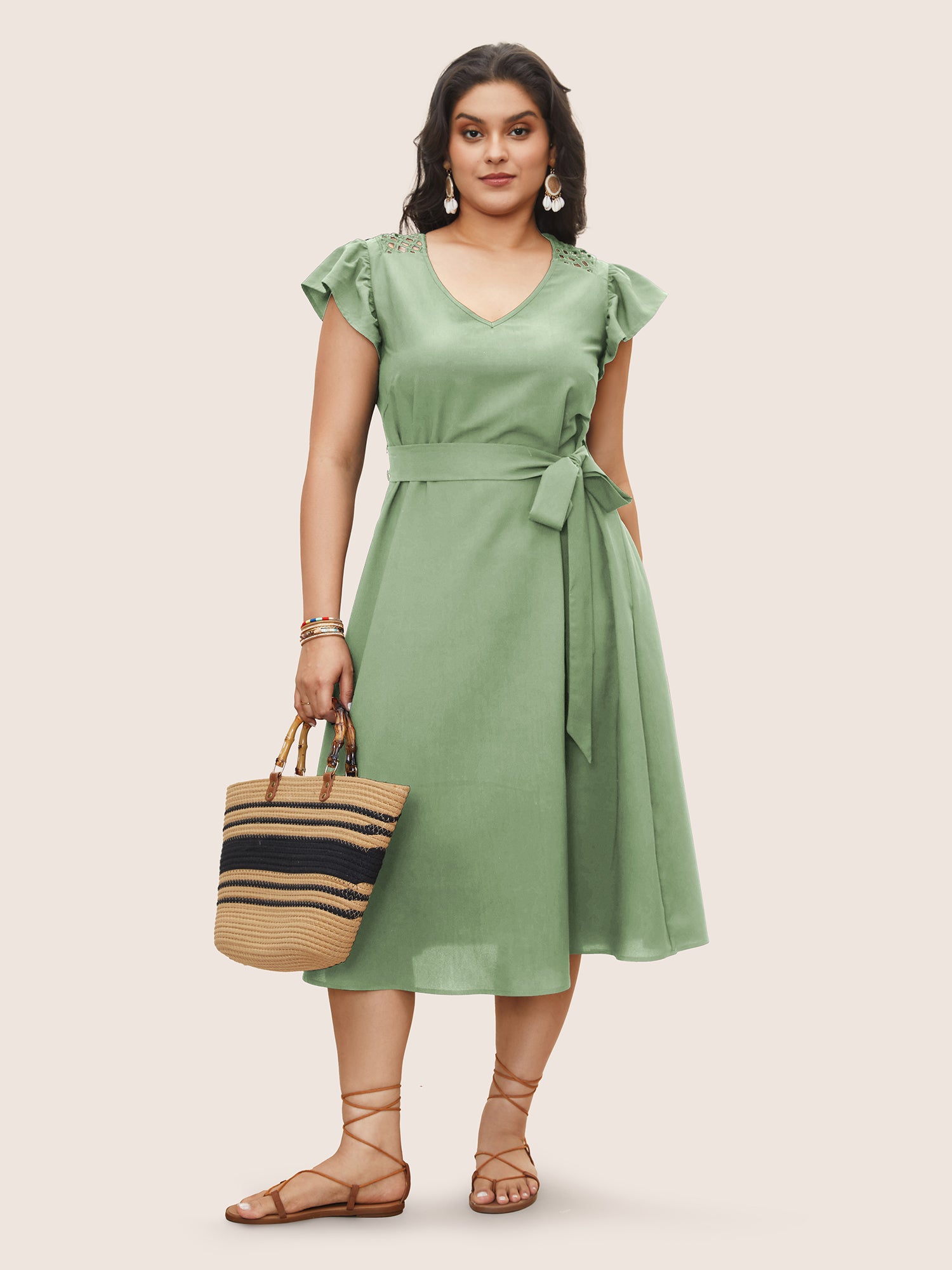 Solid Cut Out Ruffle Cap Sleeve Dress