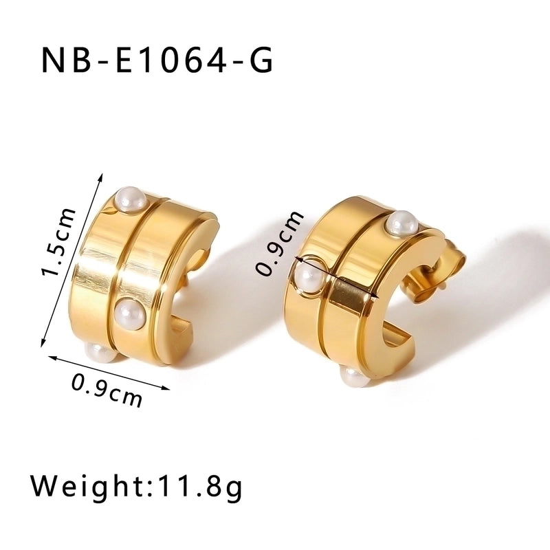 1 Pair IG Style Vintage Style C Shape Heart Shape Lingge Plating Pleated Inlay 304 Stainless Steel Pearl Zircon 18K Gold Plated Ear Studs