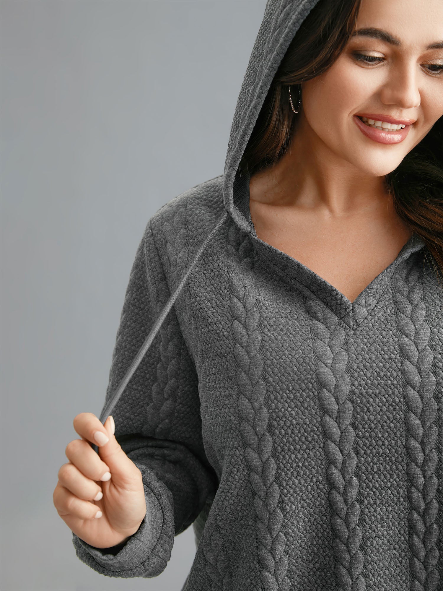 Cable Knit V-Neck Ribbed Hem Hoodie