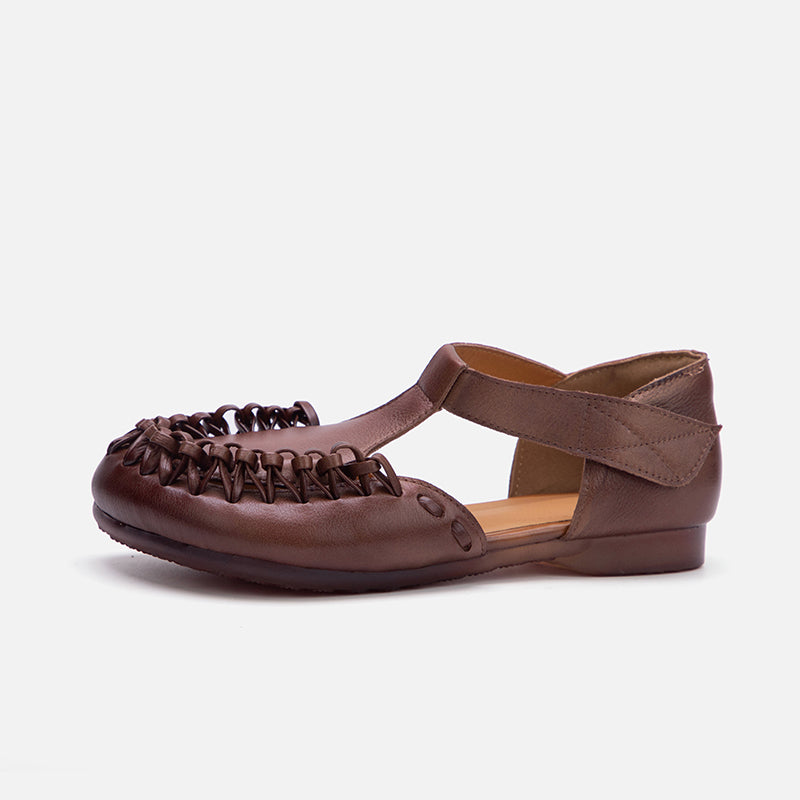 Handmade Roman Style Woven Leather Sandals  Flat T-Strap Closed Toe Shoes with Velcro in Camel/Coffee