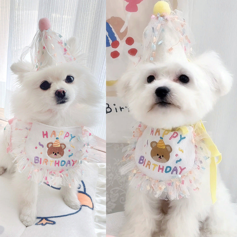 Birthday Bear Printed Dog Cat Bib&Hat Set