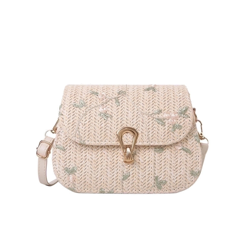 Women's Small Straw Flower Streetwear Square Magnetic Buckle Shoulder Bag Crossbody Bag Straw Bag