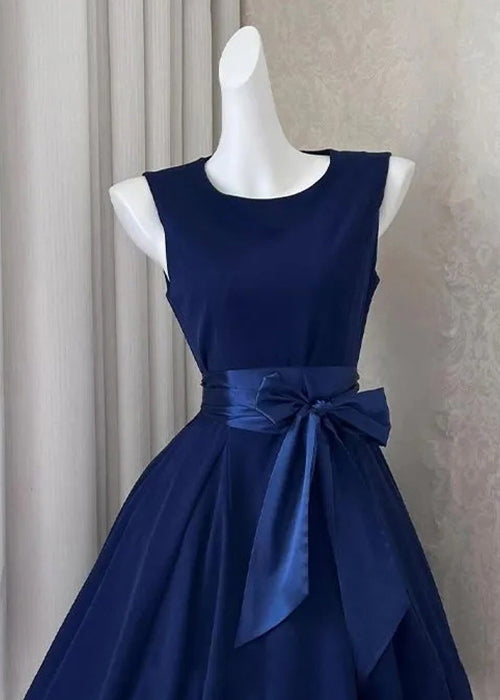 New Navy Bow Solid Cotton Mid Dress Sleeveless