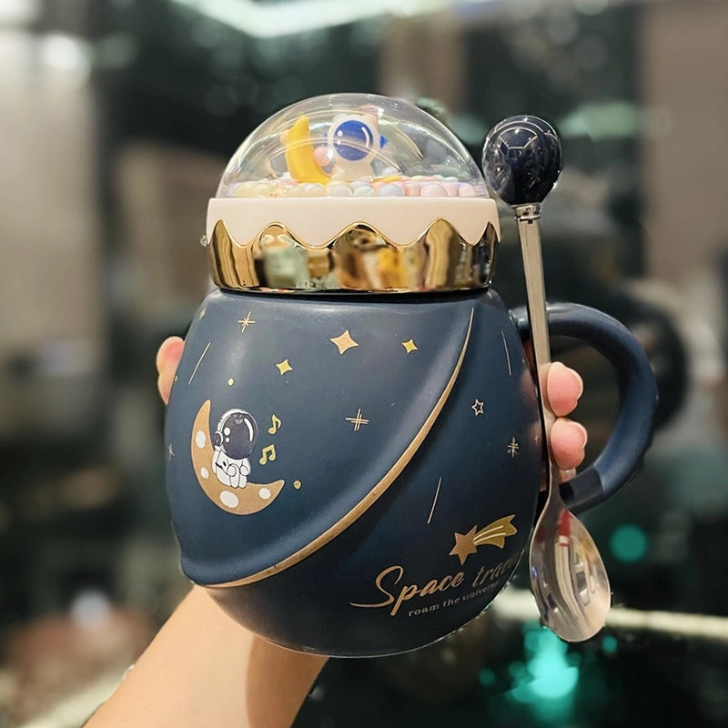 2 Pieces Astronaut Series Space Mug With Lid And Spoon Ceramic Couple Water Cup Girl Gift Set Boyfriend Gift