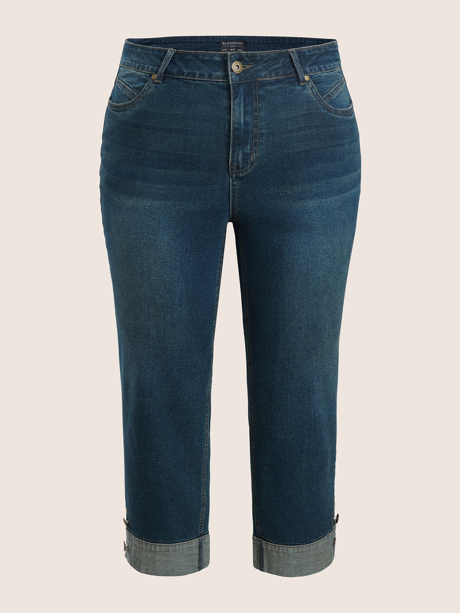 Straight Leg Patchwork Hem Metal Button Detail Jeans
