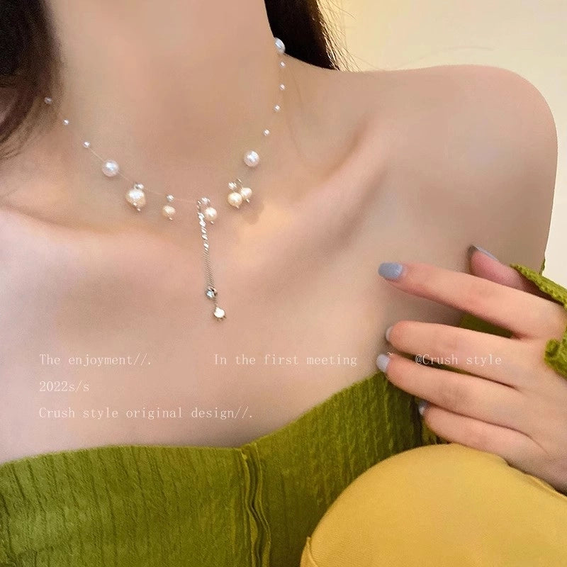 Fashion Heart Shape Titanium Steel Beaded Zircon Layered Necklaces 1 Piece