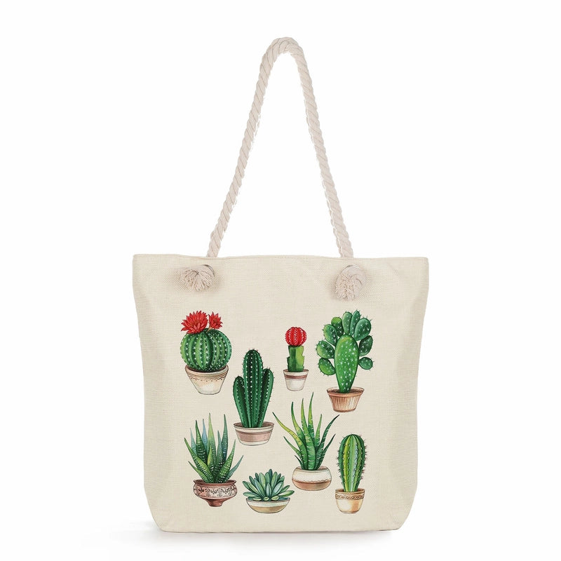 Women's Medium Linen Cactus Vacation Classic Style Square Zipper Tote Bag Beach Bag