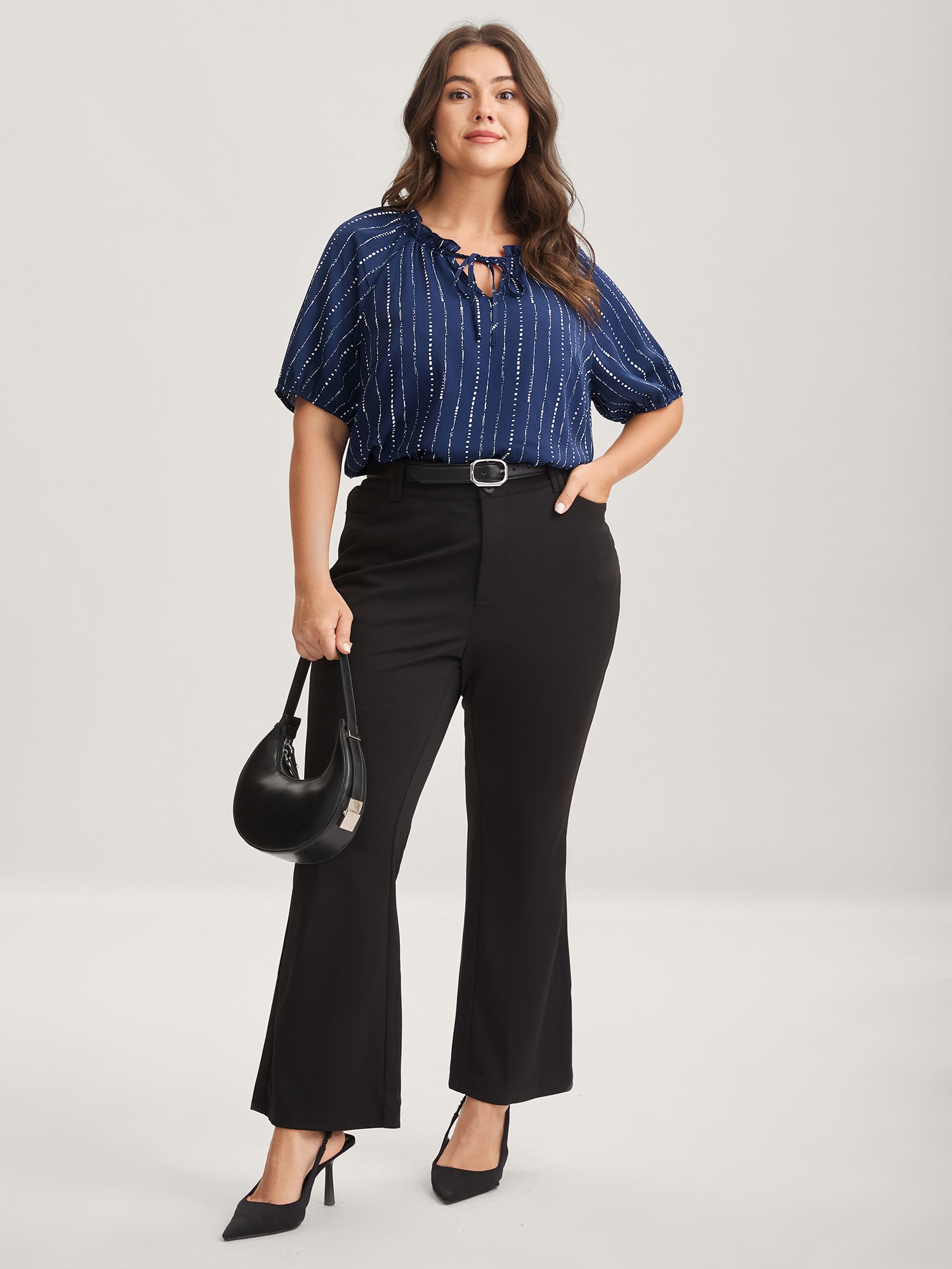 Textured Notched Collar Tie Puffy Blouse
