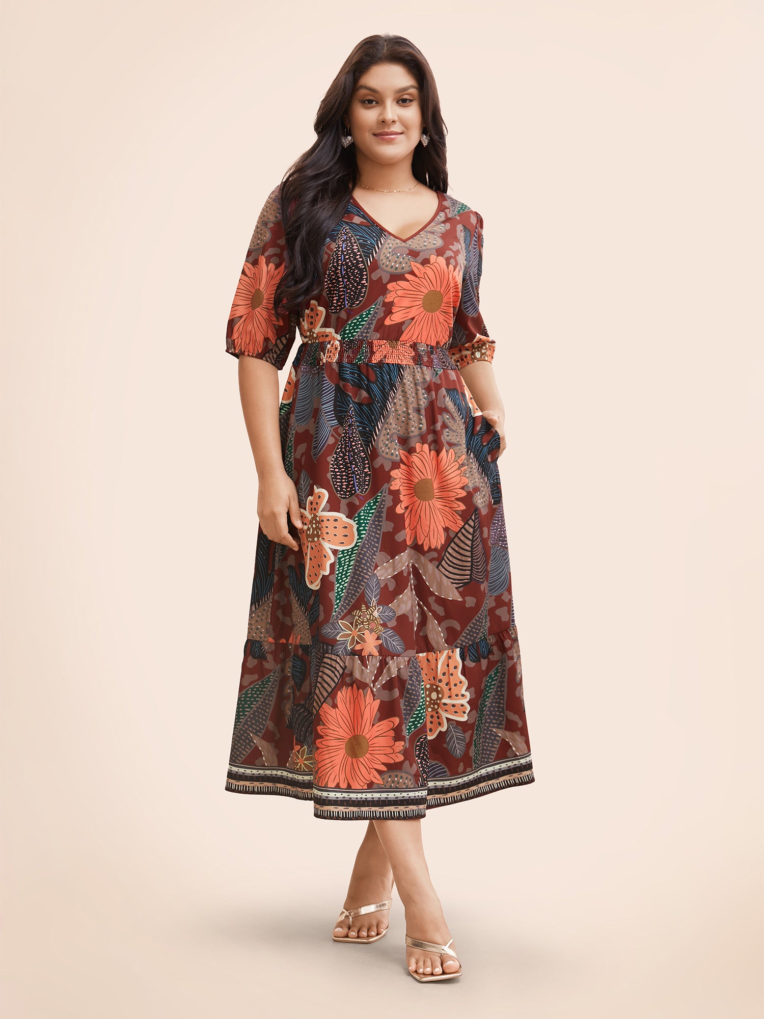 Floral Shirred Lantern Sleeve Midi Dress