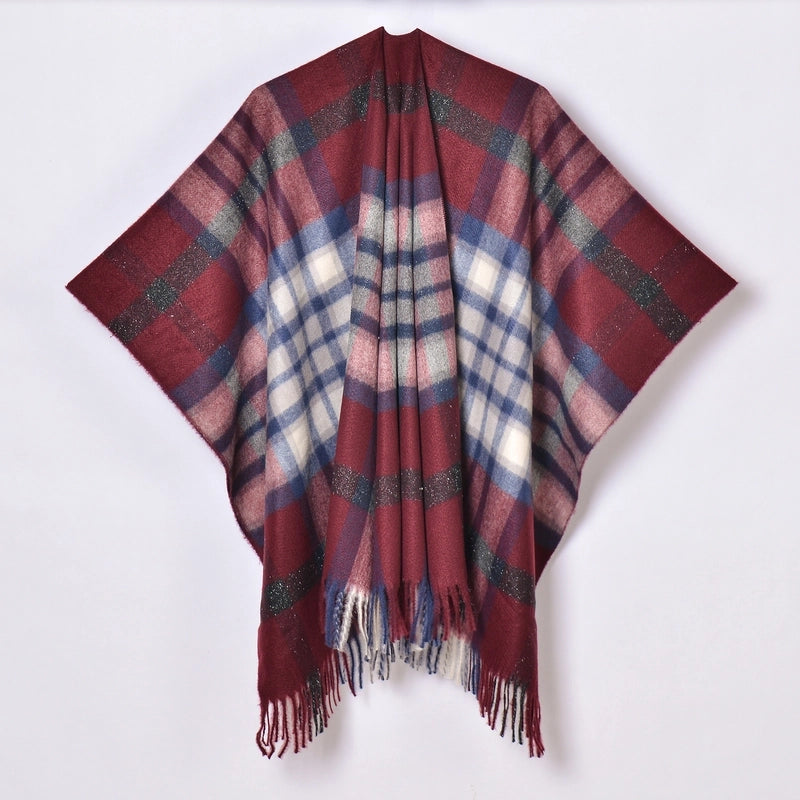 New Tassel Split Shawl Autumn And Winter Women's Simple Plaid Jacquard Scarf Cloak Hot Selling