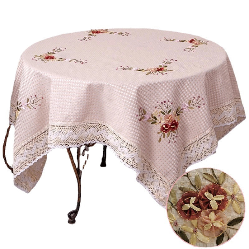 Dining Table Cloth Fabric Cotton Linen Rectangular Pastoral Tablecloth Ribbon Embroidered Small Fresh Simple Round Table Household Coffee Table Cloth