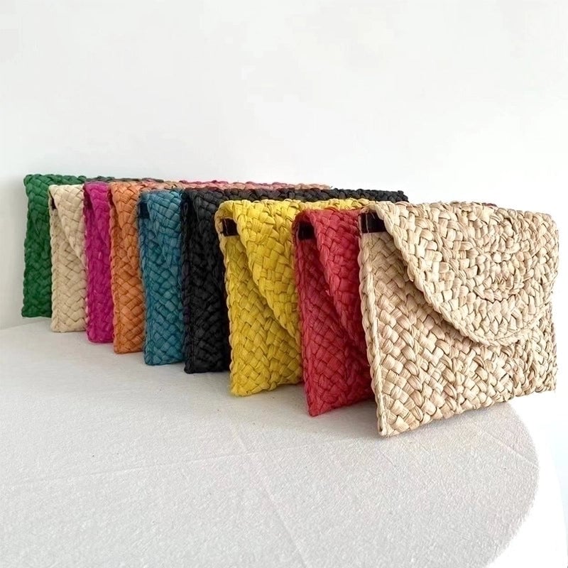 Yellow Red Green Straw Solid Color Square Weave Evening Bags