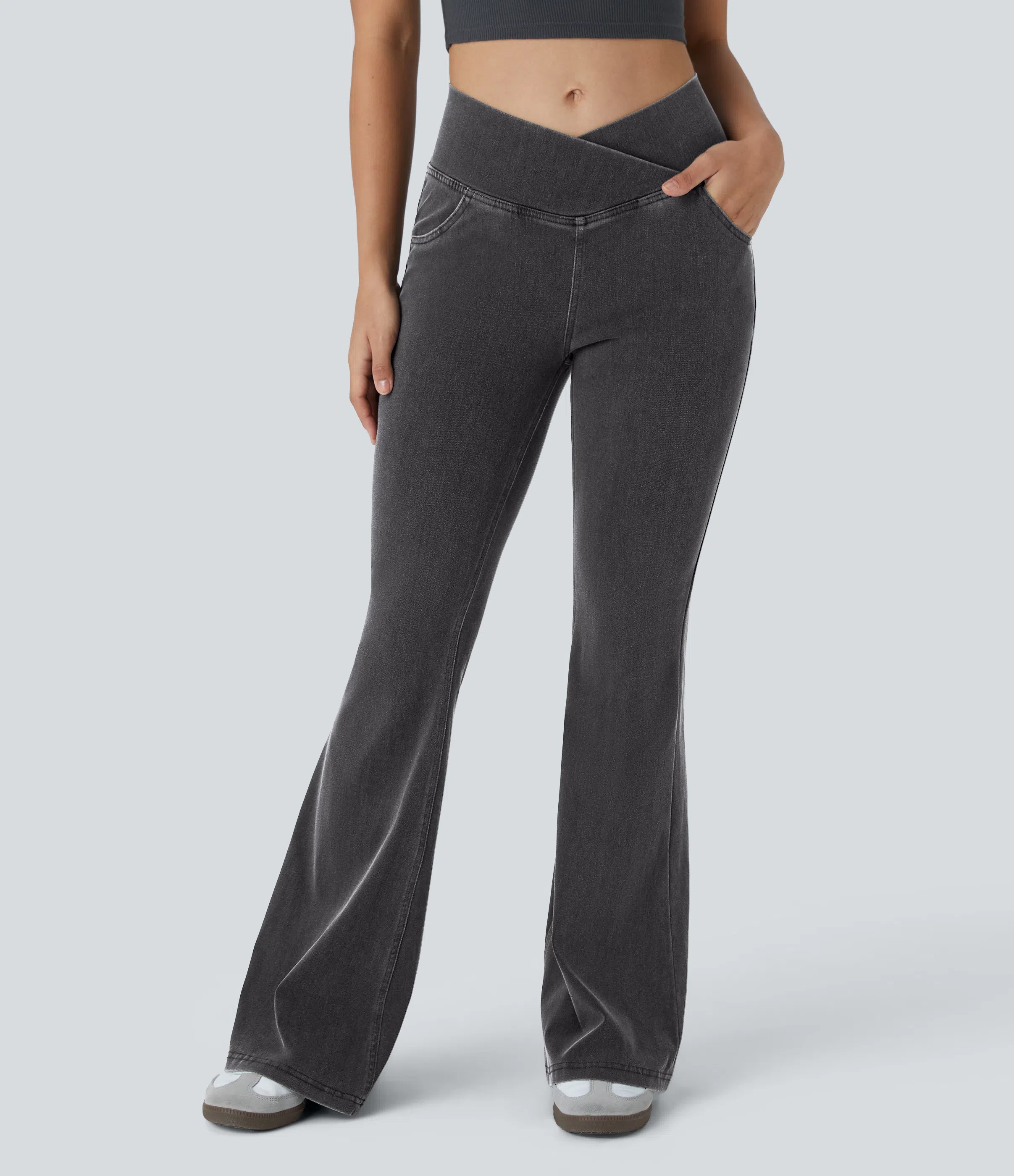 ⚡8 Packs for $25.95⚡- High Waisted Crossover Pocket Washed Stretchy Knit Casual Super Flare Jeans