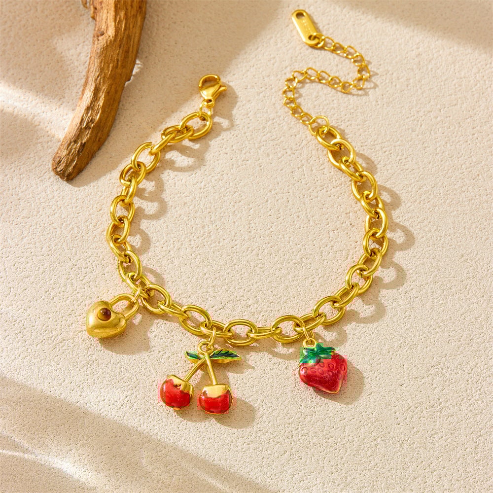 Sweet Forest Cherry Love Lock Pendant Female Ins All-Match Stainless Steel Gold-Plated Bracelet Summer Jewelry