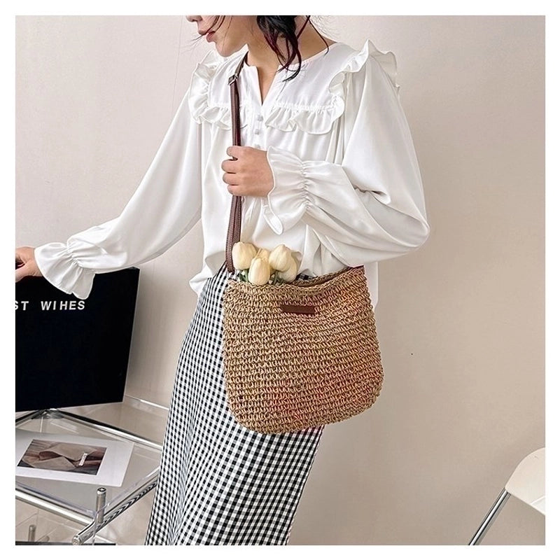Women's Straw Solid Color Basic Vacation Square Zipper Shoulder Bag Beach Bag Straw Bag