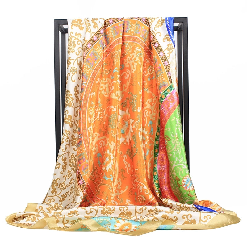Women's Tropical Color Block Satin Silk Scarf Kerchief