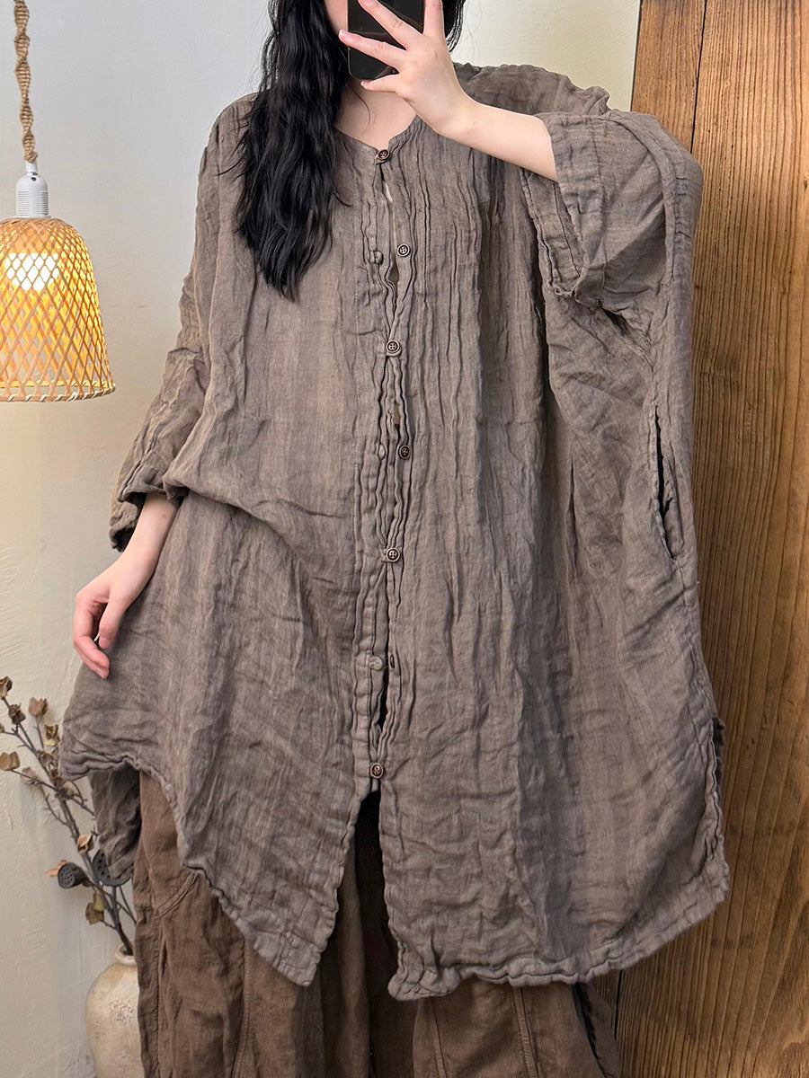 Women Summer Retro Stripe O-Neck Linen Shirt