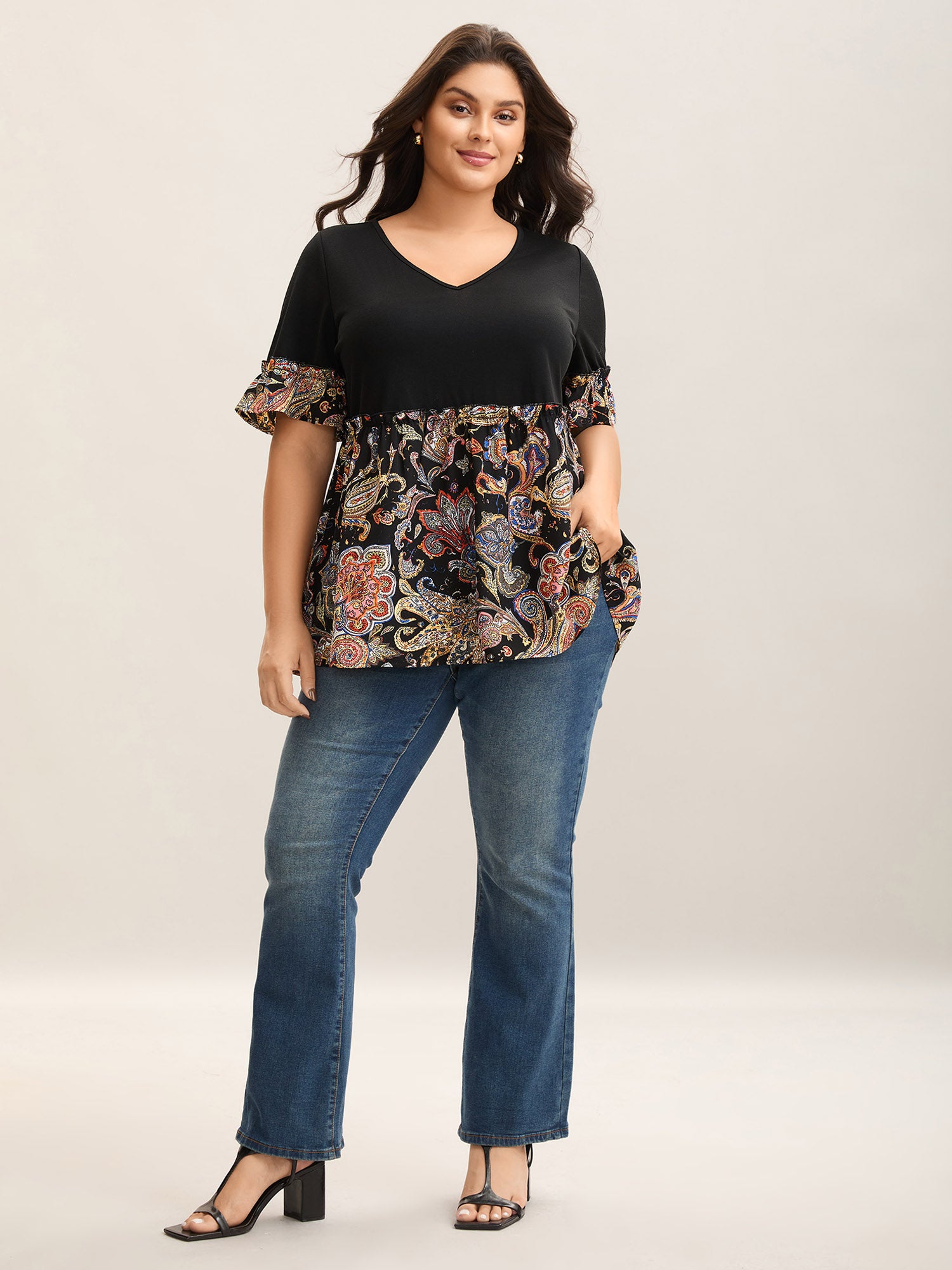 Floral Print Spliced V-Neck Knit Top