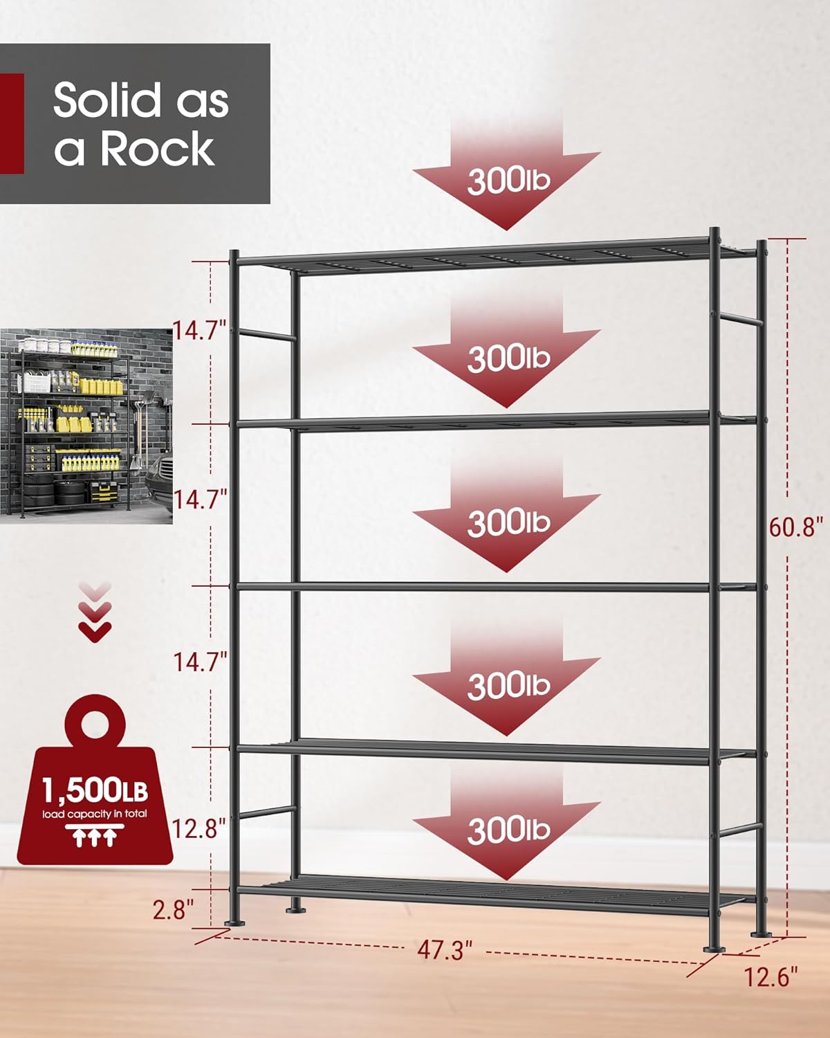 Storage Shelves - 5 Tier Shelf Organizer, Heavy Duty Garage Shelving Unit with Leveling Feet, Stable Metal Shelves Organizer for Pantry, Kitchen and Closet, 33.0