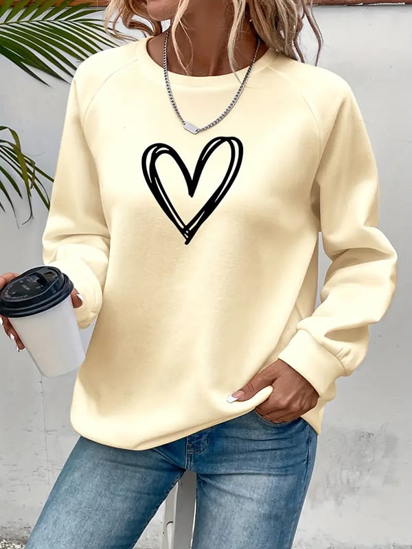 Long Sleeves Loose Heart Print Split-Joint Round-Neck Sweatshirt Tops