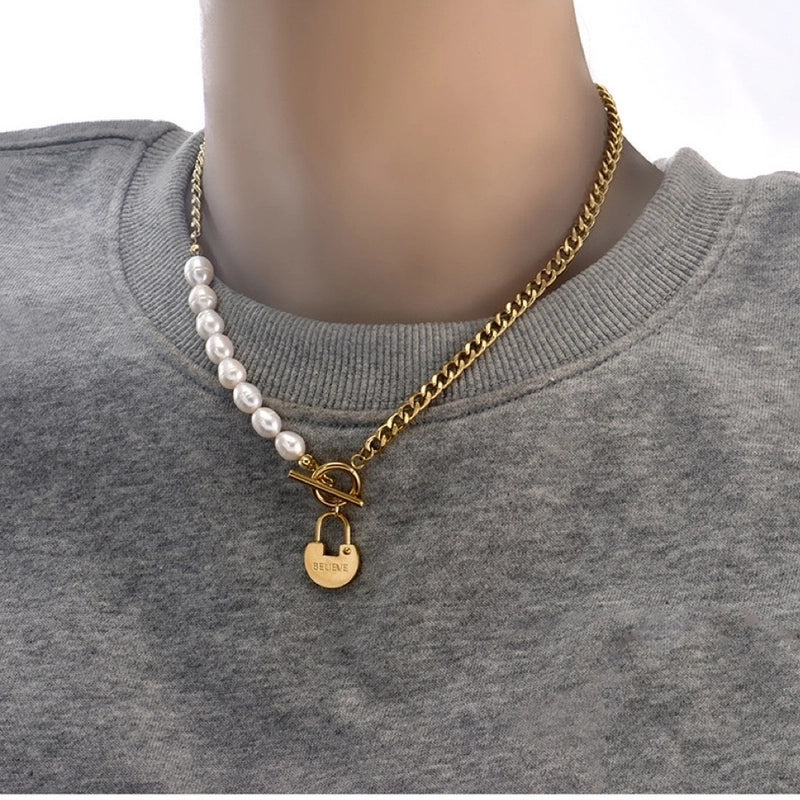 Fashion Cross Heart Shape Titanium Steel Pearl Chain Necklace 1 Piece