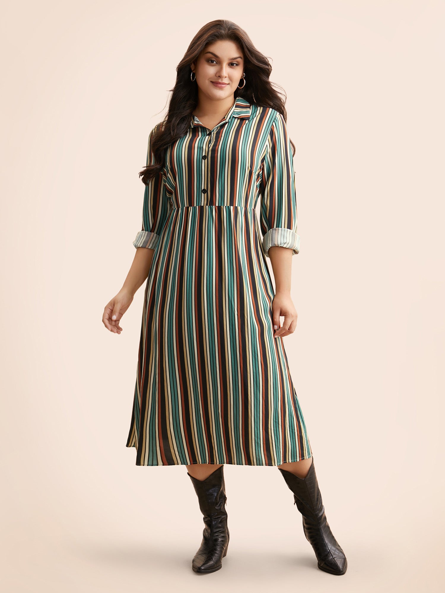 Shirt Collar Contrast Striped Midi Dress